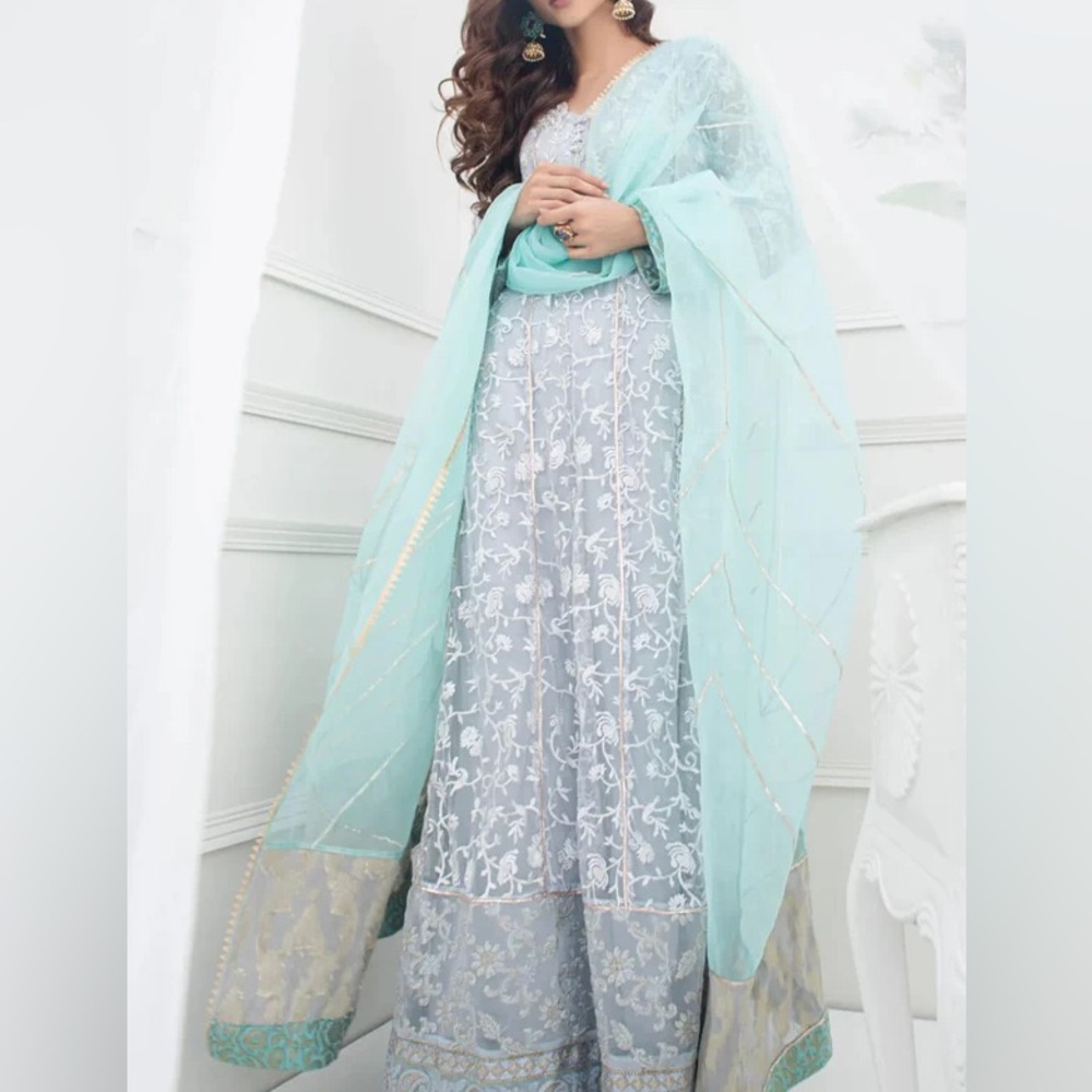 Embroidered Light Blue Anarkali with Sheer Dupatta